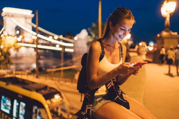 istock Attractive woman in Budapest texting 877084574