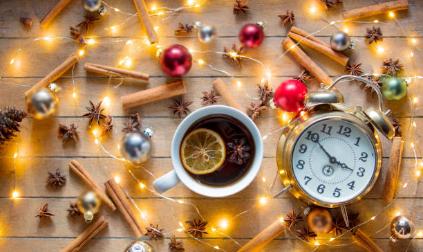 istock Christmas cup of tea and alarm clock 877084584