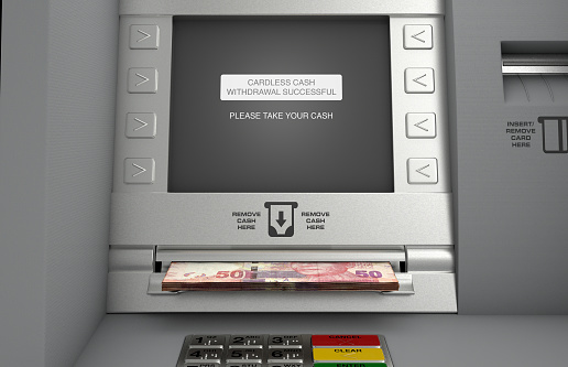 A generic atm facade where the screen indicates that a cardless cash withdrawel has been made and the rand notes are coming out the cash slot - 3D render