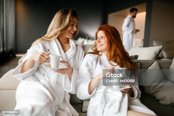 Women Relaxing And Drinking Tea Stock Photo - Download Image Now - Spa, Friendship, Drinking