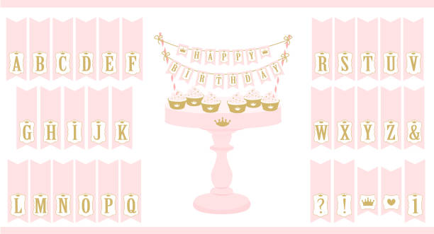 vektor rosa tortenplatte mit cupcakes. satz von druckbaren buchstaben kuchen bunting. - royal baby stock-grafiken, -clipart, -cartoons und -symbole