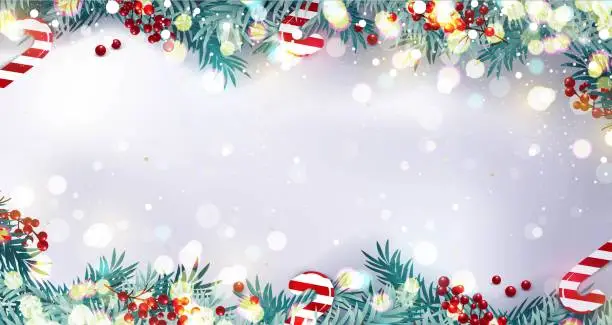 Vector illustration of Christmas border or frame with fir branches, berries and candy isolated on snowy background.