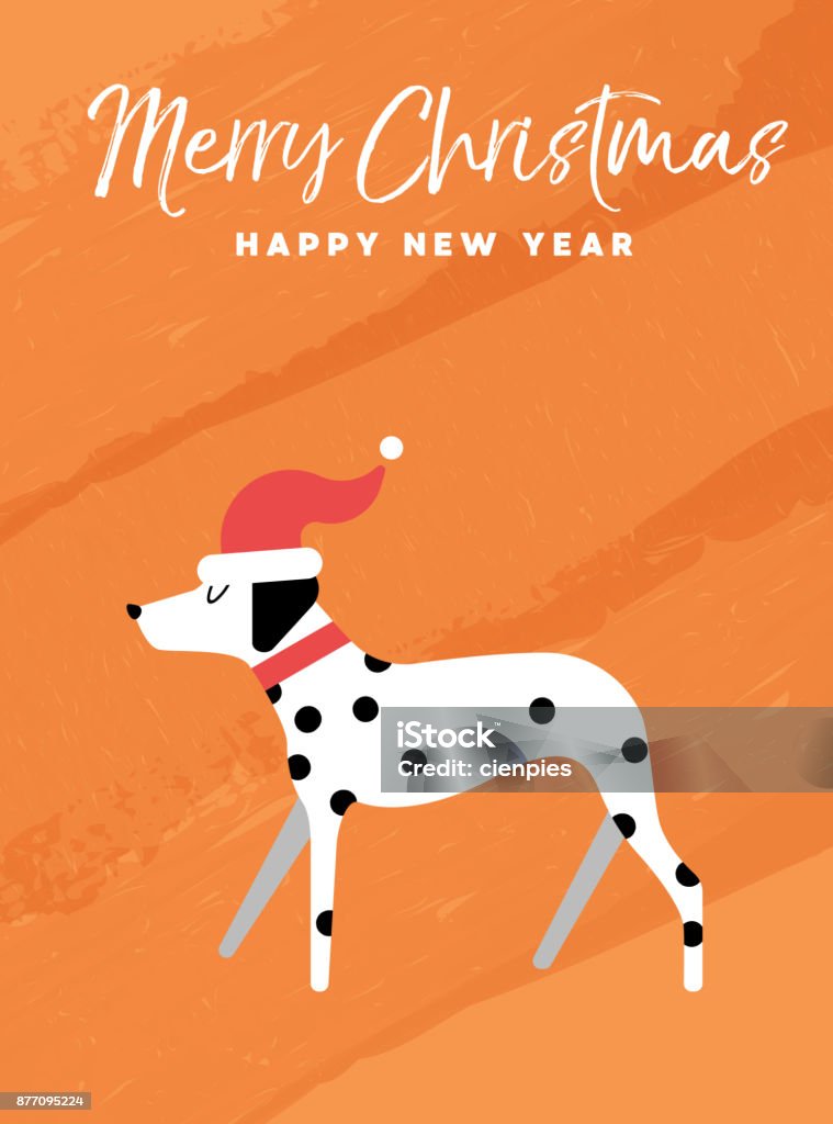 Christmas and new year holiday dalmatian dog card Merry Christmas and Happy New Year holiday greeting card illustration. Funny Dalmatian dog with Santa Claus hat on colorful texture background. EPS10 vector. Christmas stock vector