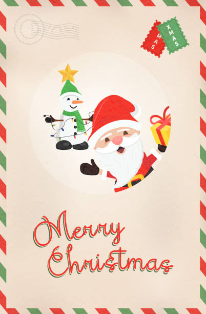 istock Christmas vintage santa claus and snowman postcard 877095442