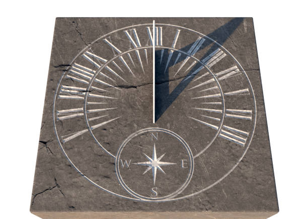 Clock On Stone An old stone sundial with etched roman numerals standing an a monolithic rock base - 3D render ancient sundial stock pictures, royalty-free photos & images