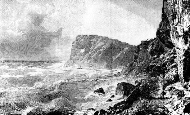 빅토리아 sa foradada 마요르카, 19 세기 해안 경관과 관광; 조각 절벽, 폭풍우 치는 바다와 사람이 1890입니다. - ocean cliff stock illustrations