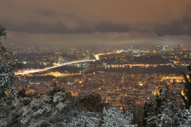 Istanbul Under Snowfall at Night-Turkey stock photo