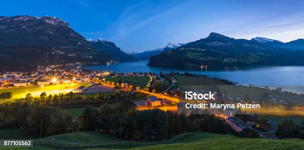 Night Panorama Of Lake Lucerne Brunnen Canton Schwyz Stock Photo - Download Image Now