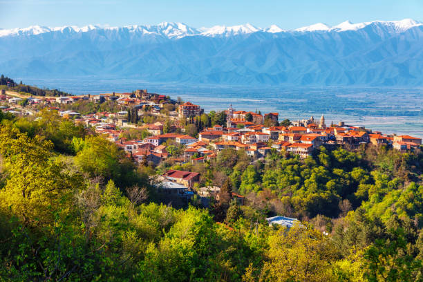 View of Signagi and Alazani Valley on the sunset Magic View of Signagi and Alazani Valley on sunset. The heart of Georgia's wine-growing regions. View on the rooftops kakheti georgia stock pictures, royalty-free photos & images