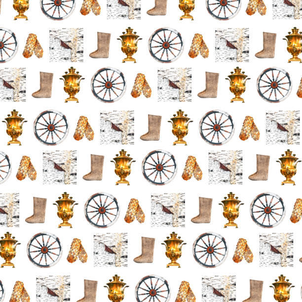 Pattern from everyday objects of ancient Russia. Felt boots, bast shoes, birch bark, spinning wheel, samovar isolated on white background. Antique seamless Russian background. Set