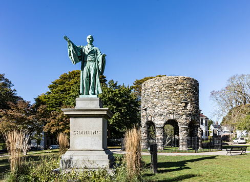 Newport Tower and Channing Statue, Tauro Park, Newport Rhode Island USA. Summer, 2016