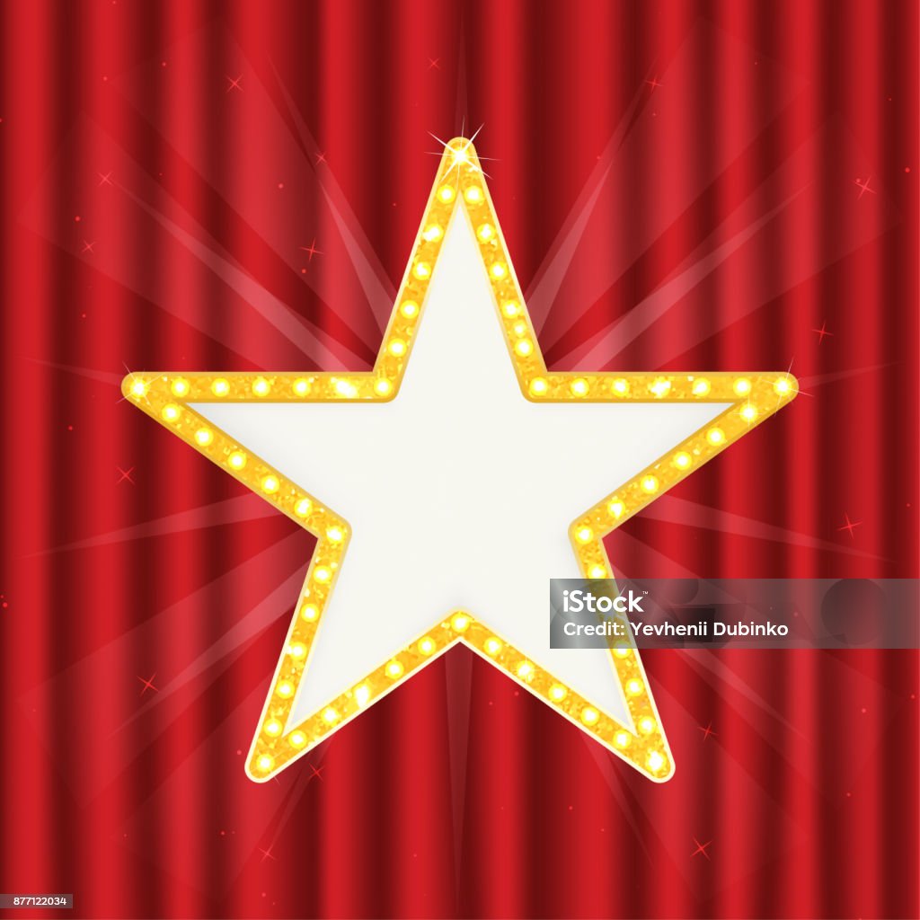 レトロなゴールド スター。赤いカーテンで隔離灯ビンテージ フレーム - カリフォルニア州ハリウッドのロイヤリティフリーベクトルアート