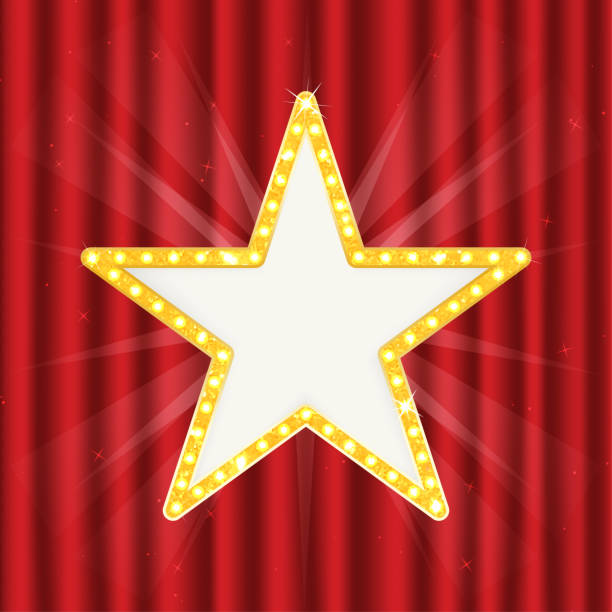 Retro gold star. Vintage frame with lights isolated on red curtain Retro gold star. Vintage frame with lights isolated red on curtain. Vector hollywood stock illustrations