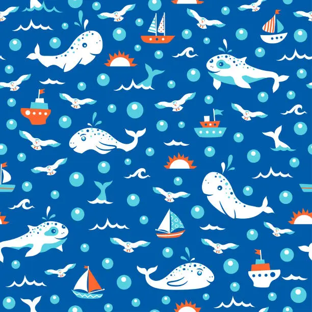 Vector illustration of Marine seamless pattern in bright colors. Cute whales + seagulls + sailboats + waves + water bubbles + sun