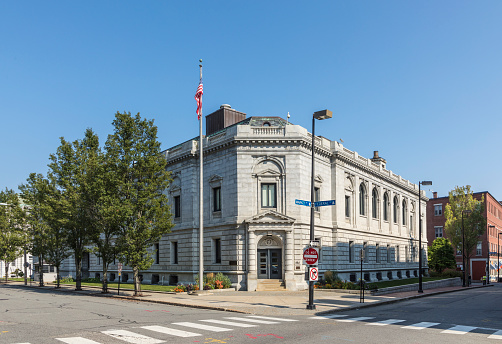 Streator, Illinois, USA - September 16th 2021 - The Streator public library in the morning light.  The Carnegie foundation granted $35,000 towards its construction in 1902 and the library opened to the public in January 1903.