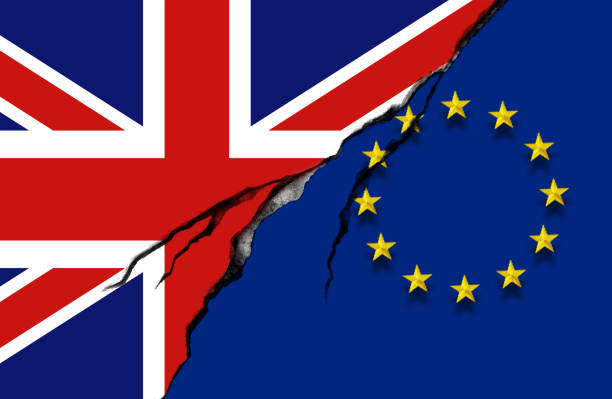 istock UK and European Union flag, conflict concept 877129184