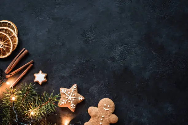 Christmas lights, Gingerbread cookies, Fir tree, Spices and Dried oranges on Dark Stone Background. Winter Holidays Frame Background or Wallpaper with Copy Space. Design mock up