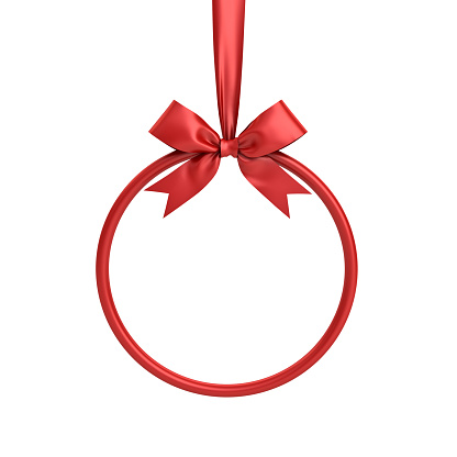 Red circle frame hanging with red ribbon and bow for christmas decoration and other events isolated on white background . 3D rendering.