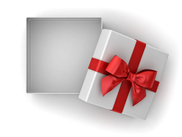 istock Open gift box , Christmas present box with red ribbon bow and blank space in the box isolated on white background with shadow 877137202