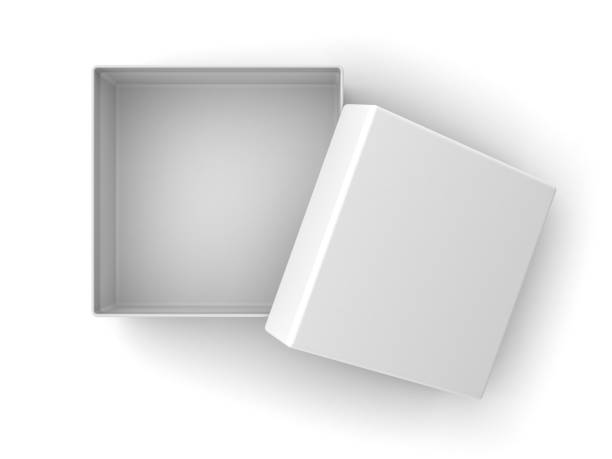 boîte en carton blanc ouvert avec couvercle isolé sur fond blanc avec ombre. rendu 3d - box open merchandise gift photos et images de collection