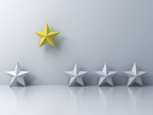 istock Stand out from the crowd and different concept , One yellow star different from other white stars on white wall background with shadows and reflections . 3D rendering 877137606