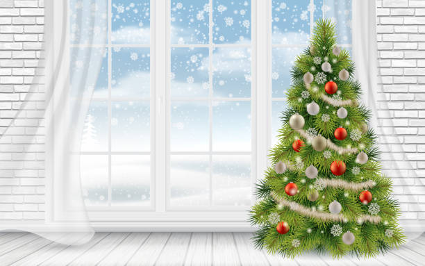 illustrazioni stock, clip art, cartoni animati e icone di tendenza di albero di natale decorato all'interno leggero - window snow christmas decoration