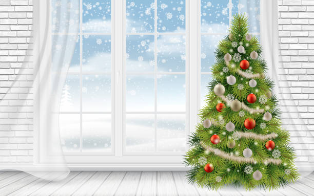 ilustrações de stock, clip art, desenhos animados e ícones de decorated christmas tree in the light interior - window snow christmas decoration