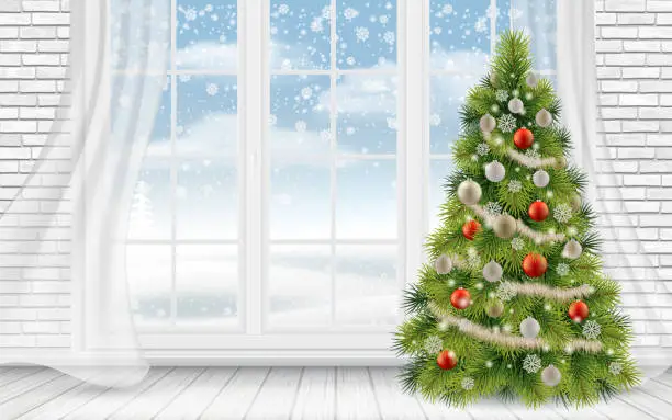 Vector illustration of Decorated Christmas tree in the light interior