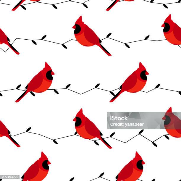 Modèle Sans Couture Avec Rouge Cardinal Et Branches Style Design Plat Fond De Vecteur Vecteurs libres de droits et plus d'images vectorielles de Cardinal - Oiseau