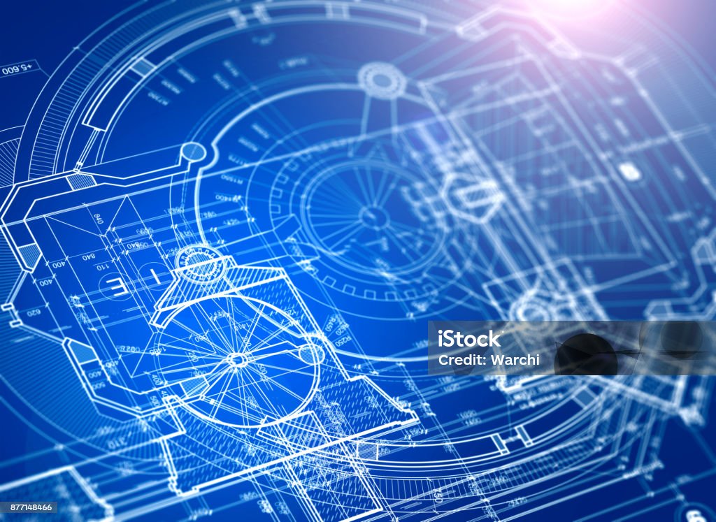 Architectural blueprints background image with superimposed architectural drawings,shallow depth of field Blueprint Stock Photo