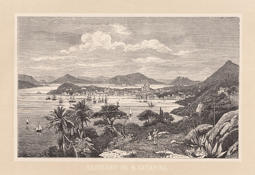 Desterro (today: Florianópolis), capital of the state of Santa Catarina in the South Region, Brazil. Santa Catarina is known for a large amount of people of German descent, who speak the German language even today. 19th century view. Wood engraving, published in 1885.