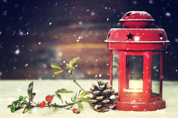 istock Christmas card with red vintage Christmas lantern 877152034