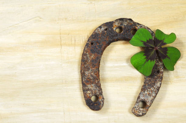 istock Horseshoe and lucky clover on grunge background 877152226