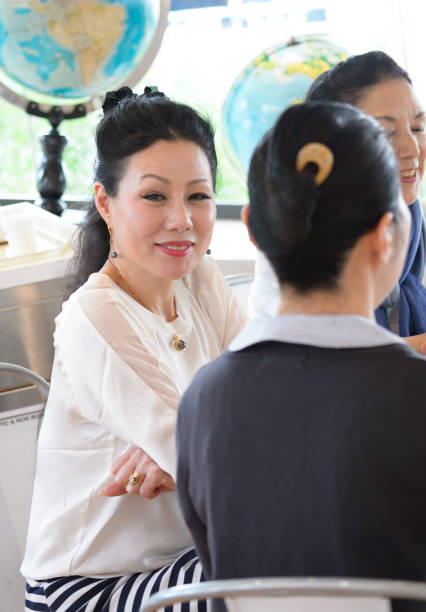 istock Three older Japanese women (teachers?)  in cafe, seen through window 877152516
