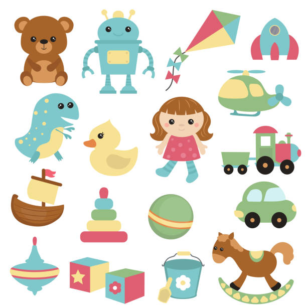 illustrazioni stock, clip art, cartoni animati e icone di tendenza di collezione di icone dei giocattoli - doll