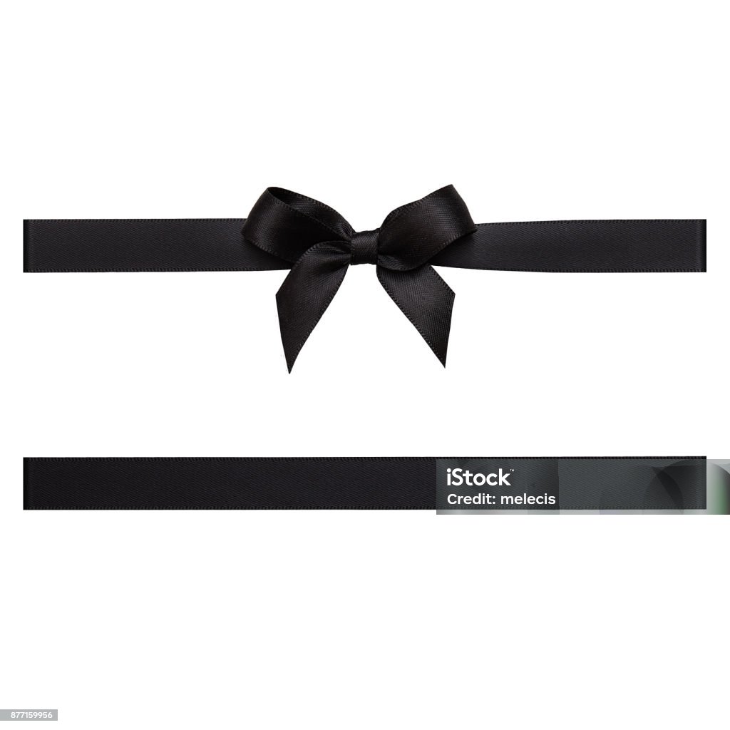 Black color gift ribbon tied in a bow on white background, cut out Black color, Ribbon - Sewing Item, Tied Bow, Gift, black friday, cut out Black Color Stock Photo