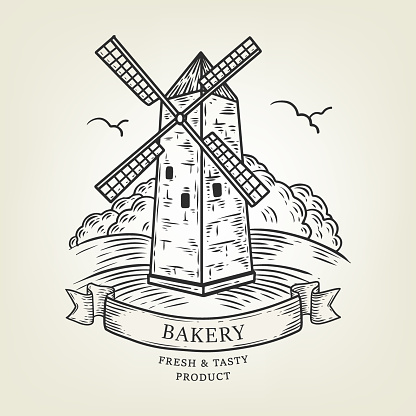 Sketch of windmill landscape. Vector illustration done in graphic style, isolated on background. Realistic old mill use as label, logo, sticker, emblem for advertising bakery, flour products.