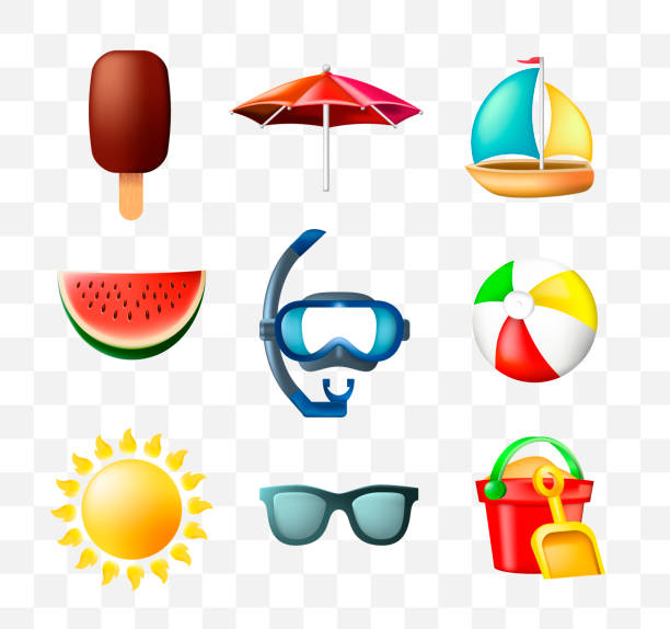 Set of Cute Summer Icons on Transparent Background Isolated Vector Illustration sand pail and shovel stock illustrations