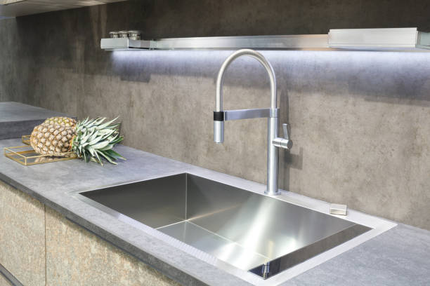 istock Modern steel gray kitchen minimalistic interior design with mixer and pineapple 877173908