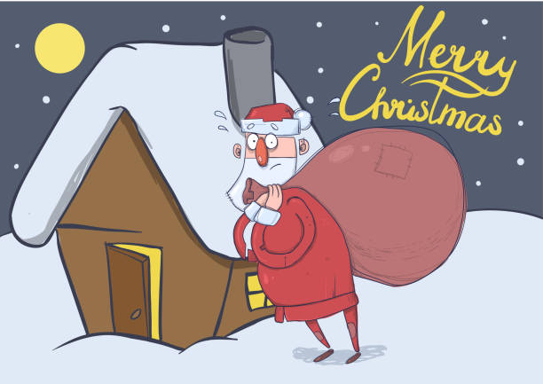 Christmas card of funny Santa Claus with big bag standing next to the house in the snowy night. Santa looks lost and confused. Horizontal vector illustration. Cartoon character. Lettering. Copy space. Christmas card of funny Santa Claus with big bag standing next to a house in the snowy night. Santa looks lost and confused. Horizontal vector illustration. Cartoon character. Lettering. Copy space. lost in space stock illustrations