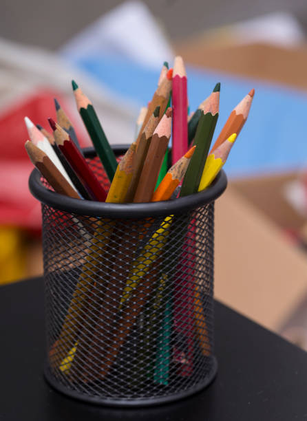 istock Old dirty Colorful pencils in pen container 877181144
