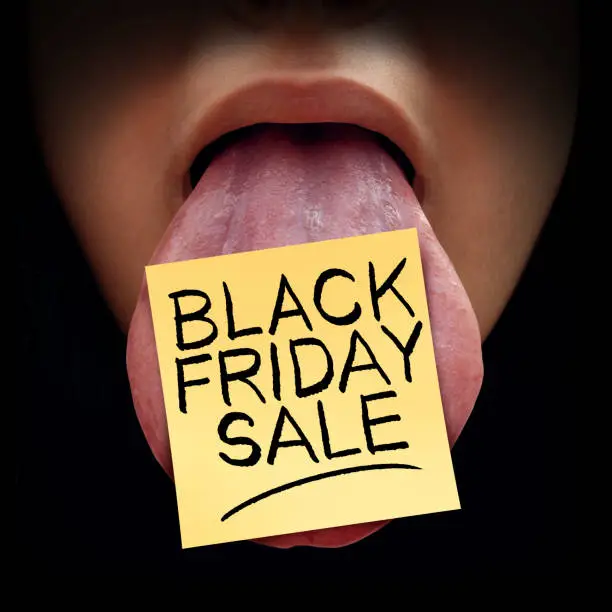 Black friday sale promotional marketing and advertising message as a person with a note on a tongue as a holiday sales concept with 3D illustration elements.