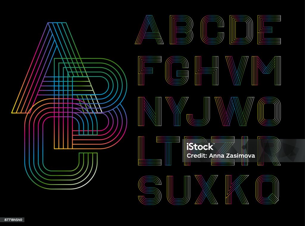 Vector linear font. Alphabet multicolored lines. Simple and minimalist alphabet in mono line style.Digital alphabet. Vector linear font. Alphabet multicolored lines. Simple and minimalist alphabet in mono line style.Digital alphabet Typescript stock vector