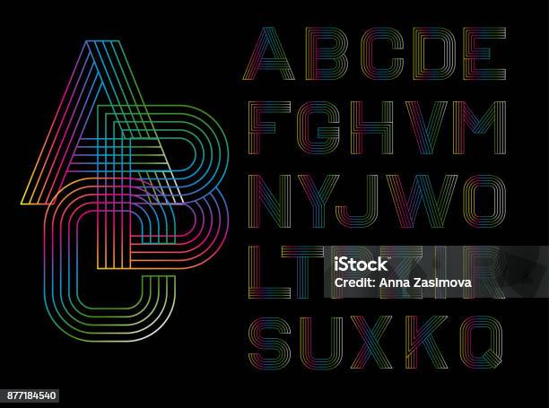 Vector Linear Font Alphabet Multicolored Lines Simple And Minimalist Alphabet In Mono Line Styledigital Alphabet Stock Illustration - Download Image Now