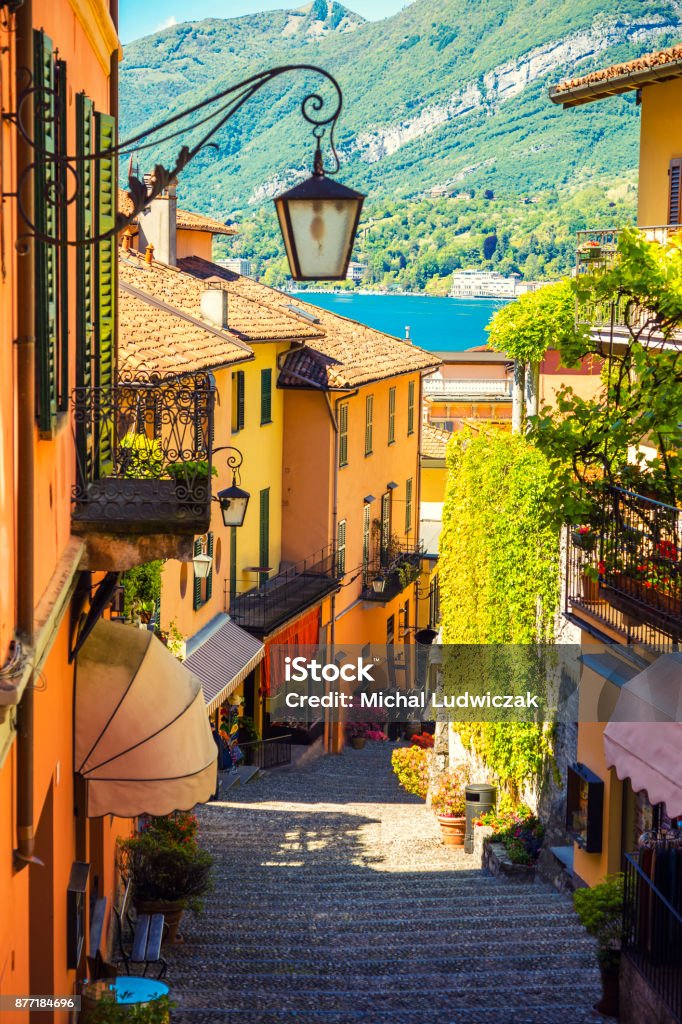 Beautiful street in Bellagio city in Italy Picturesque and colorful old town street in Bellagio city, Italy Italy Stock Photo