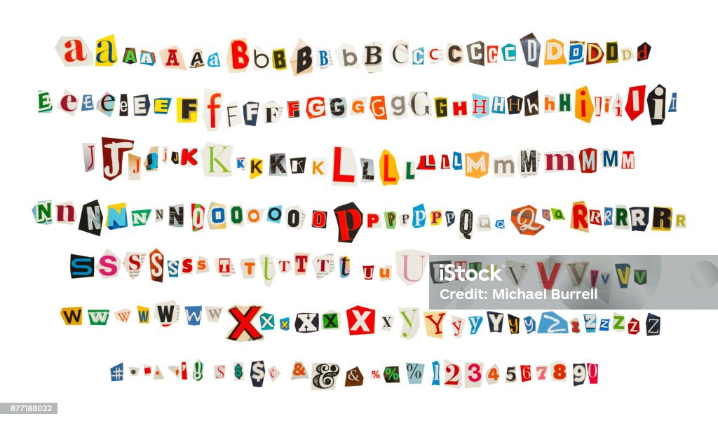 Magazine Alphabet Cut out Kidnapper Ransom Note Letters Isolated on White Background. Text Stock Photo