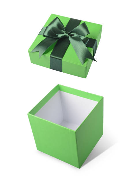 istock Green flying open gift box with satin bow 877188246