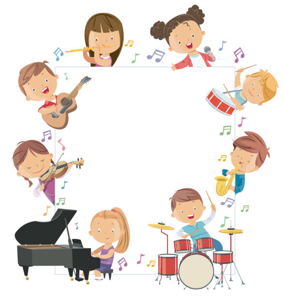 kinder halten musikinstrumente rund um ein leeres brett - music child pianist learning stock-grafiken, -clipart, -cartoons und -symbole