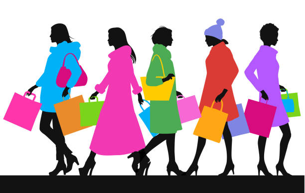 High Street Shoppers Colourful overlapping silhouettes of female High Street shoppers fashion silhouettes stock illustrations