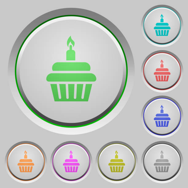Birthday cupcake push buttons Birthday cupcake color icons on sunk push buttons sunken cake stock illustrations